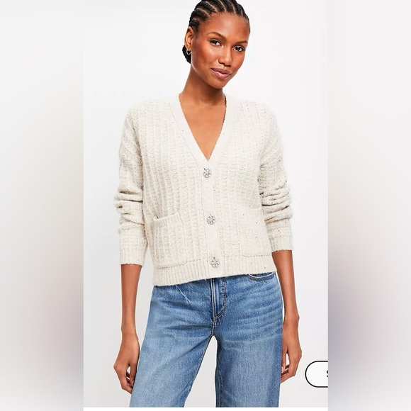 Sparkle Button Sequin V-Neck Pocket Cardigan | M | Beige - Picture 1 of 12
